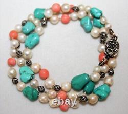 Antique Chinese Export Sterling Silver Shaped Turquoise, Pearl & Coral Necklace
