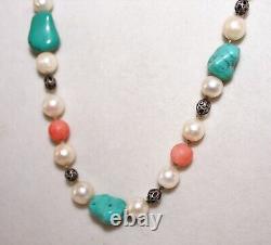 Antique Chinese Export Sterling Silver Shaped Turquoise, Pearl & Coral Necklace