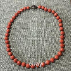 Antique Chinese Natural Coral Knotted Beads Necklace Sterling Filigree Catch