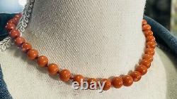 Antique Chinese Natural Coral Knotted Beads Necklace Sterling Filigree Catch