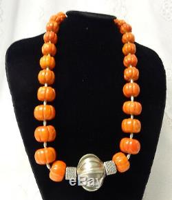 Antique Chinese Pure Natural Carved Coral Huge Beads Silver Heavy Necklace RARE