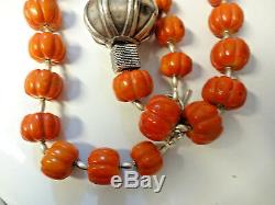 Antique Chinese Pure Natural Carved Coral Huge Beads Silver Heavy Necklace RARE