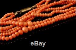 Antique Chinese Salmon Coral Beads 2 Strand Graduated Gf Necklace D91-04