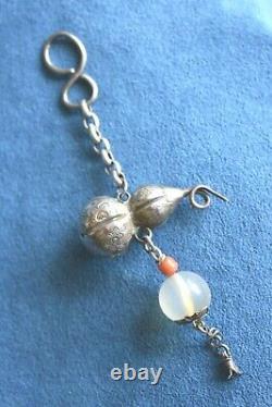 Antique Chinese Silver Gourd Opium Chatelaine Necklace Coral Bead Pendant
