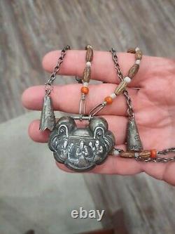 Antique Chinese Sterling Silver Amulet Coral Turquoise Bead Necklace