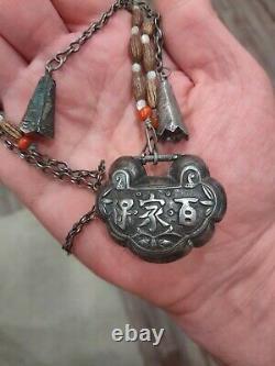 Antique Chinese Sterling Silver Amulet Coral Turquoise Bead Necklace