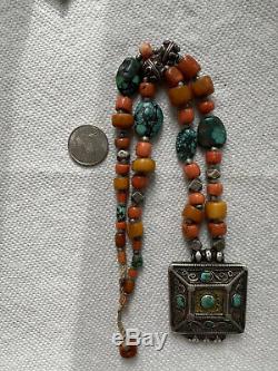 Antique Chinese Tibeten Amber Coral Turqoise Sterling Beaded Necklace