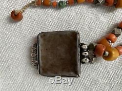 Antique Chinese Tibeten Amber Coral Turqoise Sterling Beaded Necklace