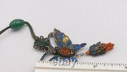 Antique Chinese coral beads & kingfisher butterfly pendant necklace