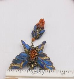 Antique Chinese coral beads & kingfisher butterfly pendant necklace