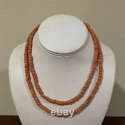 Antique Chinese silver double strand coral bead necklace salmon pink angel skin