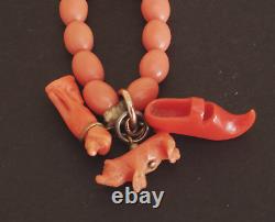 Antique Coral 40 Necklace & 3 Charms Pig Dog Shoe Beads Vintage Long