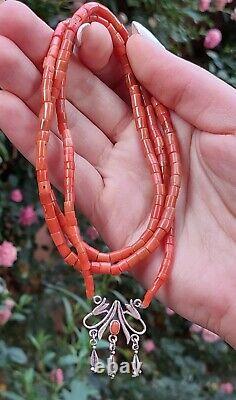 Antique Coral Beads Natural Undyed Necklace vintage sterling silver