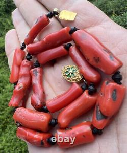 Antique Coral Branches Drilled Beads Necklace Red Aka