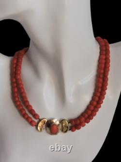Antique Dutch Undyed Red Coral Beads Necklace 14k Gold Clasp 52 Grams Necklace