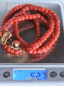 Antique Dutch Undyed Red Coral Beads Necklace 14k Gold Clasp 52 Grams Necklace