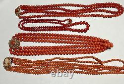 Antique EXCELLENTcond natural NO dye red round coral beads necklace earrings