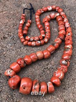 Antique Early Old Chinese Natural Raw Red Salmon Coral Beads Necklace 21 -53.8g