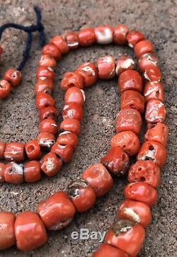 Antique Early Old Chinese Natural Raw Red Salmon Coral Beads Necklace 21 -53.8g
