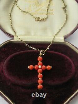 Antique Edwardian 18k Gold Natural Red Coral Beads Diamond Pendant Necklace