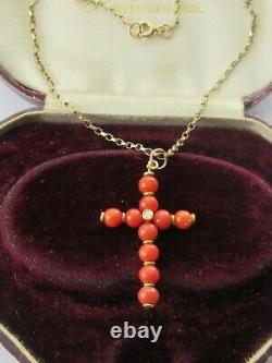 Antique Edwardian 18k Gold Natural Red Coral Beads Diamond Pendant Necklace