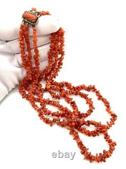 Antique Edwardian Silver Carved Red Coral Clasp Multi-Strand Beaded Necklace
