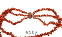 Antique Edwardian Silver Carved Red Coral Clasp Multi-Strand Beaded Necklace