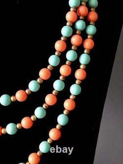 Antique Estate Opera Length Coral Teal Beaded Necklace Box Clasp Origin Unknown