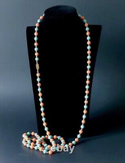 Antique Estate Opera Length Coral Teal Beaded Necklace Box Clasp Origin Unknown