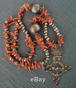 Antique Ethiopian Necklace Silver beads with Coptic Cross pendant and Corals