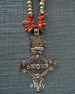 Antique Ethiopian Necklace Silver beads with Coptic Cross pendant and Corals