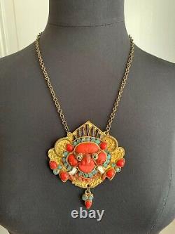 Antique Ethnic Silver Necklace Huge pendant with Coral & Turquoise Beads