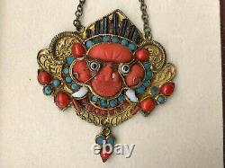 Antique Ethnic Silver Necklace Huge pendant with Coral & Turquoise Beads