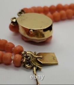 Antique European Victorian 14k Gold Double Strand Carved Coral Necklace