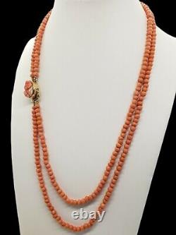 Antique European Victorian 14k Gold Double Strand Carved Coral Necklace