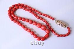 Antique Faceted Red Coral Necklace 10k Yellow Gold Clasp