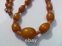Antique Genuine Butterscotch Amber & Coral Bead Necklace, 16 1/2, 18.3g