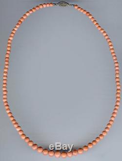 Antique Genuine Coral Bead Single Strand Sterling Clasp Necklace