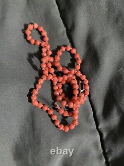 Antique Genuine Red Salmon Coral Necklace and Flower Earrings