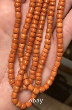 Antique Georgian 3 Strand Coral Bead Necklace with Pinchbeck Chalcedony Clasp 50g