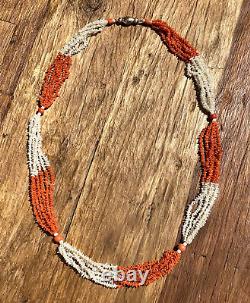 Antique Georgian Carved Salmon & White Coral Rolling Pin Bead Necklace 14k Clasp