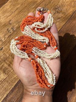 Antique Georgian Carved Salmon & White Coral Rolling Pin Bead Necklace 14k Clasp