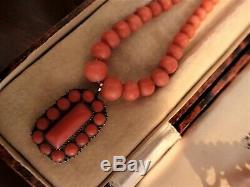 Antique Georgian Coral Bead Necklace with Regency Mourning Pin Pendant Old Box