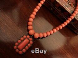 Antique Georgian Coral Bead Necklace with Regency Mourning Pin Pendant Old Box