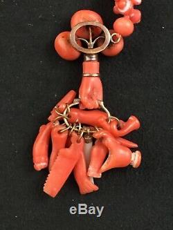 Antique Georgian Period Carved Coral Bead Necklace with Mano Cornuto & Charms