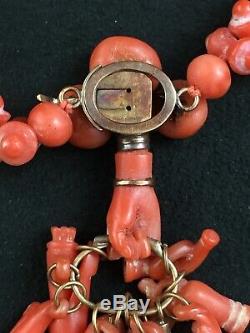 Antique Georgian Period Carved Coral Bead Necklace with Mano Cornuto & Charms