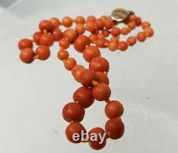 Antique Graduate Red Orange Chinese Coral Bead Necklace 14kt Marked Clasp