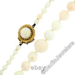 Antique Graduated White Angel Skin Coral Necklace & 14K Gold Hand Engraved Clasp