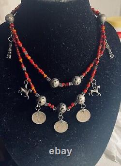 Antique Guatemalan Chachal necklace with Real Silver coins C 1910-1912 Coral