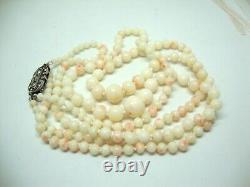 Antique Hand Carved Graduated Natural Angel Skin Coral Two Row Necklace